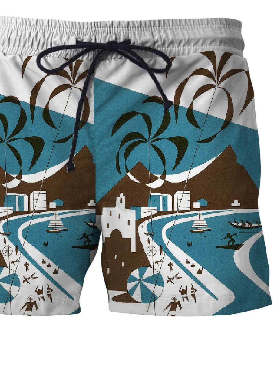 Hawaiian Illustration Print Boardshorts in Tiki Art