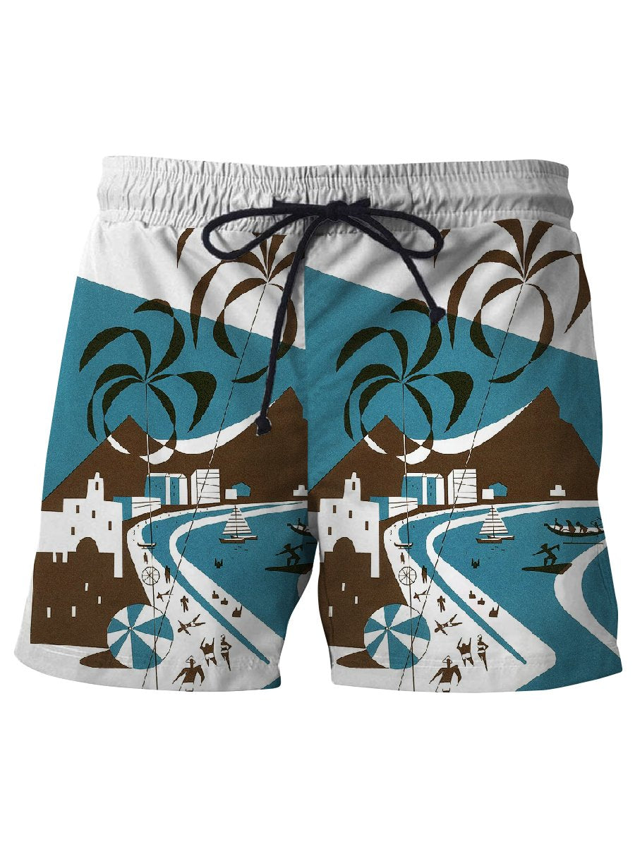 Hawaiian Illustration Print Boardshorts in Tiki Art