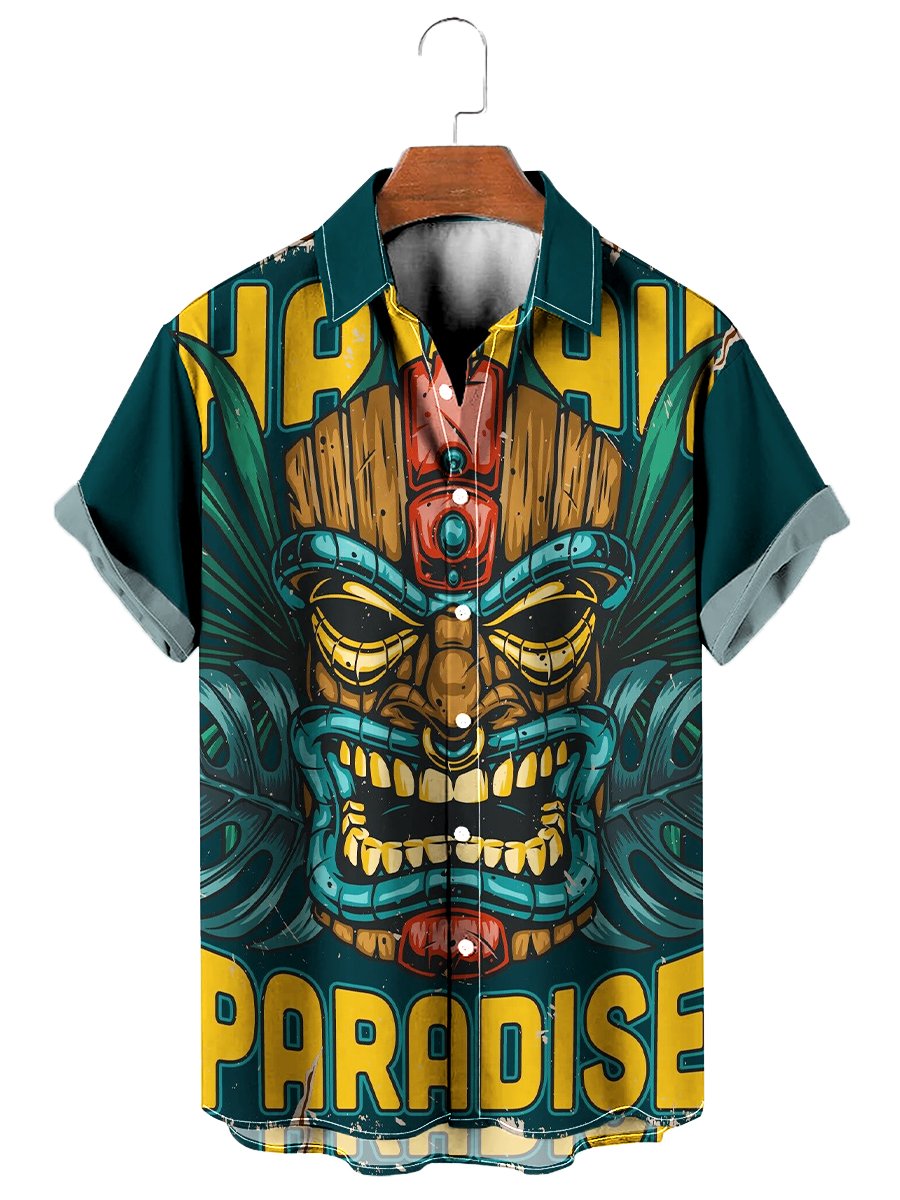 Tropical Tiki Print Short Sleeve Hawaiian Shirt