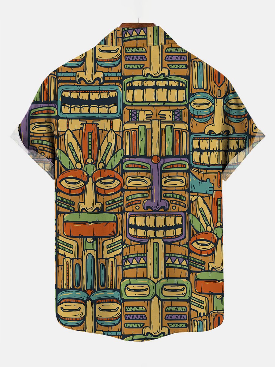 Men's Casual Hawaii Tiki Print Short Sleeve Shirt Button Down Shirt