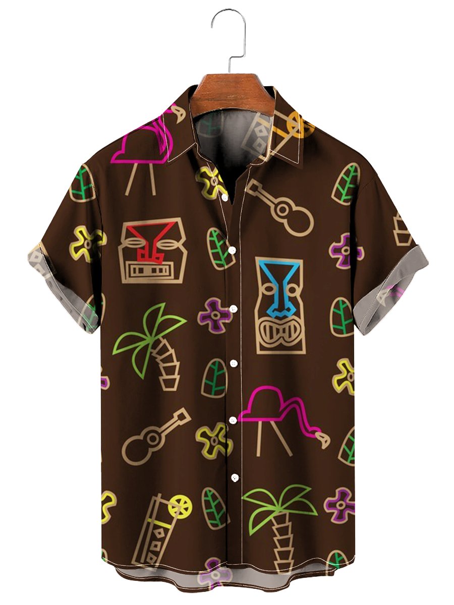 Tiki Neon Print Short Sleeve Summer Hawaiian Shirt